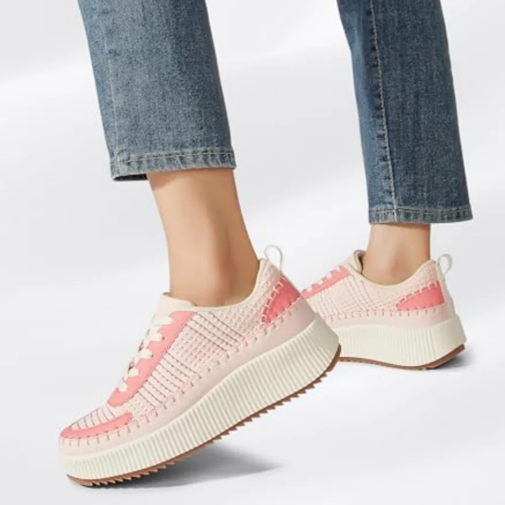 LUCKY STEP Women's Platform Lace-Up Chunky Knit Pink Walking Sneakers Size 8